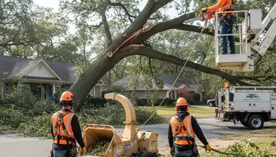 Emergency tree service crew removing storm-damaged tree in Waltham, MA