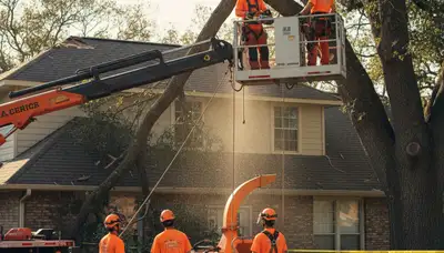 Emergency tree service crew in Waltham, MA removing storm-damaged fallen tree safely