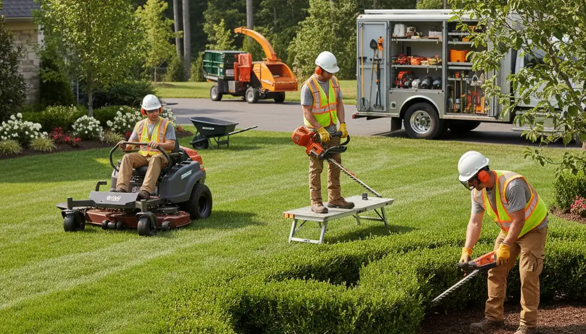 Tree service crew providing landscaping care in Waltham, MA for residential properties