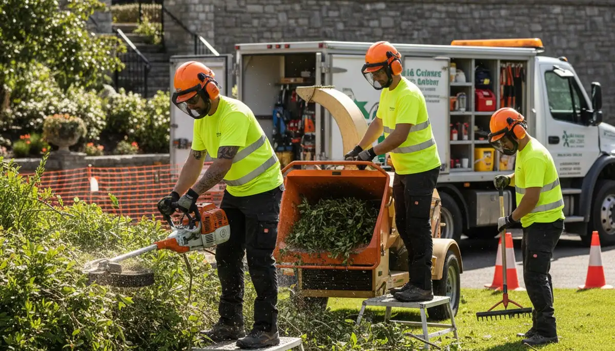 Waltham, MA tree service crew removing overgrown shrubs for a clean, safe landscape