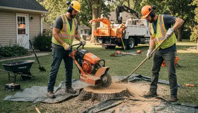 Stump removal crew in Waltham, MA clearing a yard for safe, clean landscaping