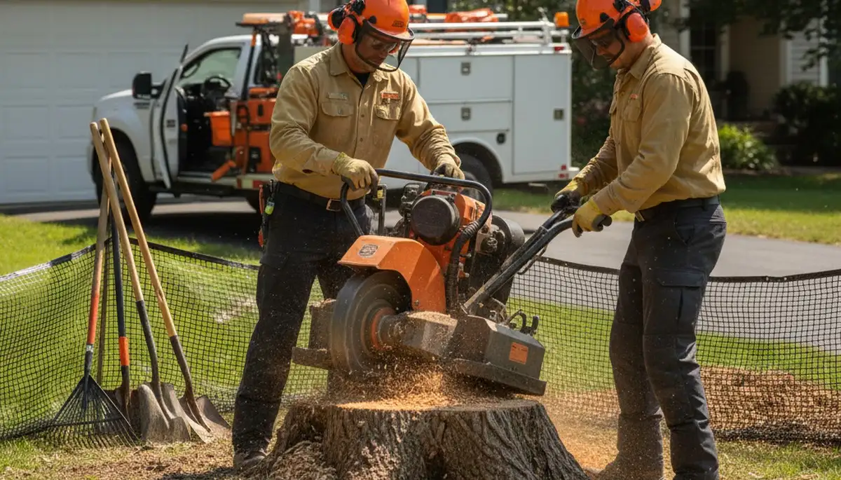 Stump removal crew in Waltham, MA clearing a yard for Arbor Tree Care
