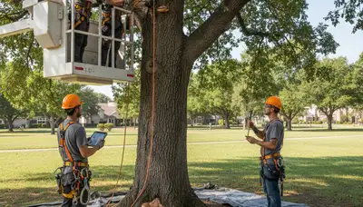 Tree care specialist treating diseased trees in Waltham, MA for fungal infections and rot