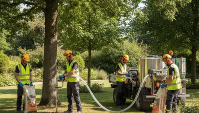 Arborist applying tree fertilizing service in Waltham, MA to support healthy, strong trees
