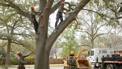 Waltham, MA tree removal crew safely removing a hazardous tree from a residential property