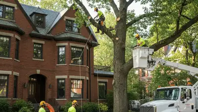 Tree service crew in Waltham, MA performing professional tree removal and trimming outdoors