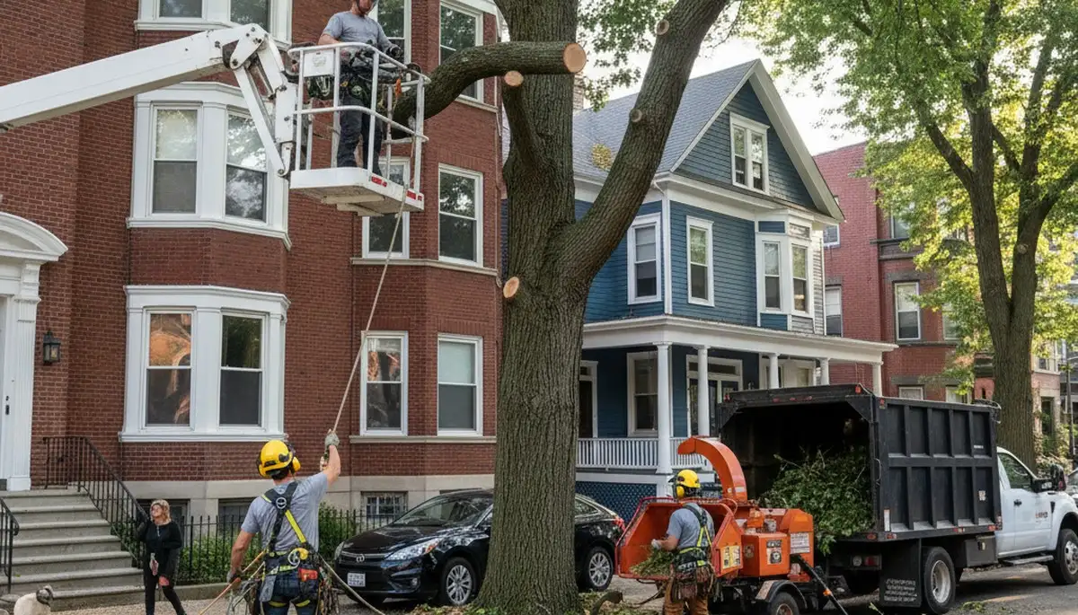 Tree service crew in Waltham, MA providing professional tree removal and trimming for local properties