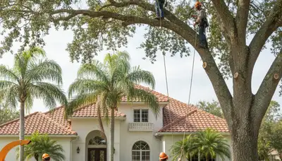 Tree service crew in Waltham, MA performing professional tree removal for a local property