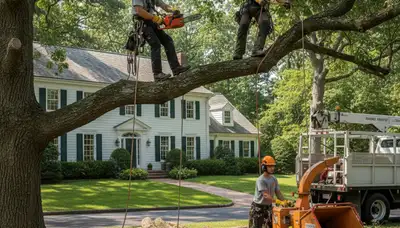 Tree service crew in Waltham, MA providing professional tree removal and pruning services