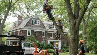 Tree service crew in Waltham, MA removing a tree for safe, professional property care