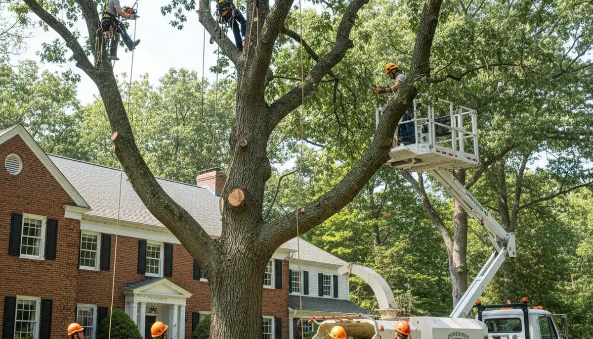 Tree service crew in Waltham, MA trimming and removing a tree for safe property clearance