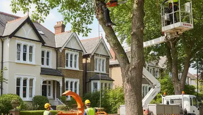 Tree service crew in Waltham, MA handling professional tree removal and trimming on a residential property