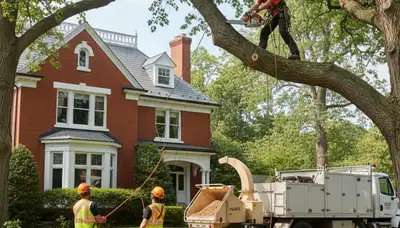 Tree service crew in Waltham, MA removing a tree for residential property maintenance