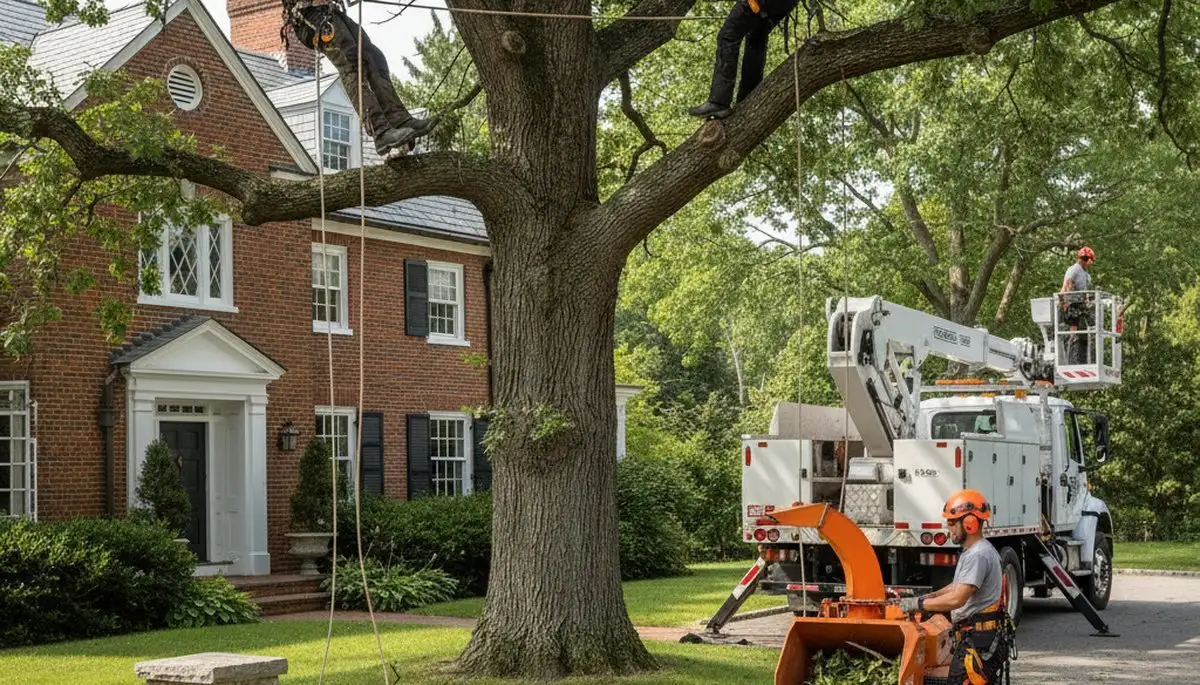 Tree service crew in Waltham, MA removing a tree for safe, professional property care