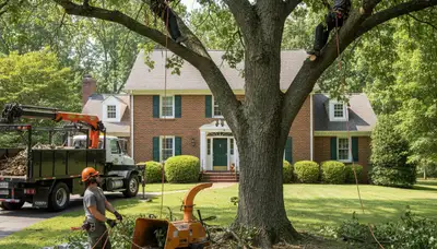 Tree service crew in Waltham, MA removing a tree for safe residential property care