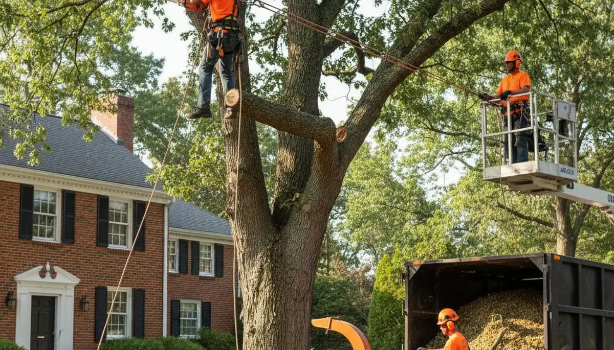Tree service crew performing safe tree removal in Waltham, MA