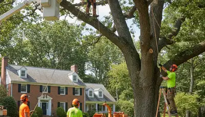 Tree service crew in Waltham, MA handling tree removal for a local property