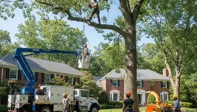 Tree service crew in Waltham, MA removing a tree for safe, professional property cleanup