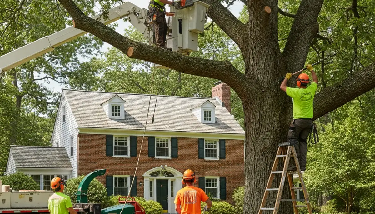 Tree service crew in Waltham, MA performing professional tree removal and trimming service
