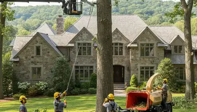 Tree service crew in Waltham, MA removing a tree for safe, professional property maintenance
