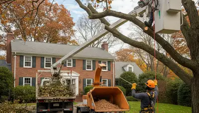 Tree service crew in Waltham, MA performing professional tree removal and trimming