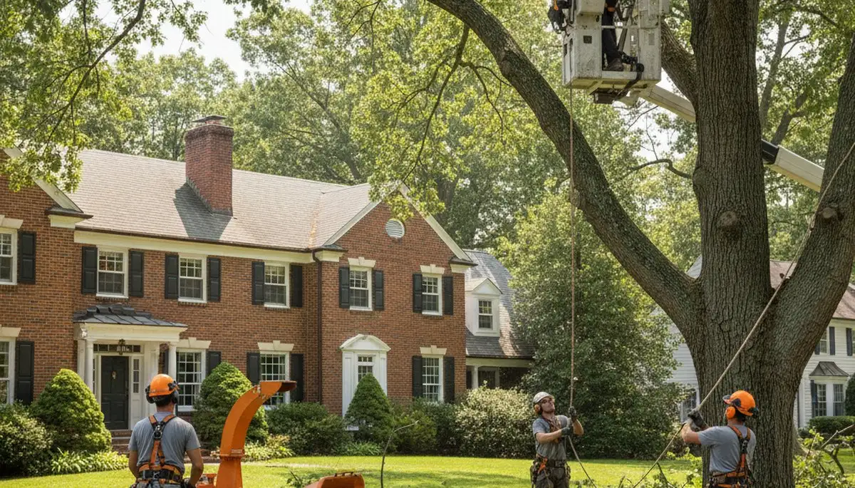 Tree service crew in Waltham, MA removing a tree for safe residential property care