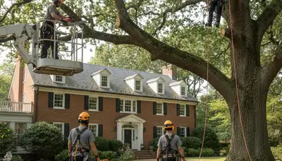 Tree service crew trimming a tree in Waltham, MA, for safe removal and maintenance