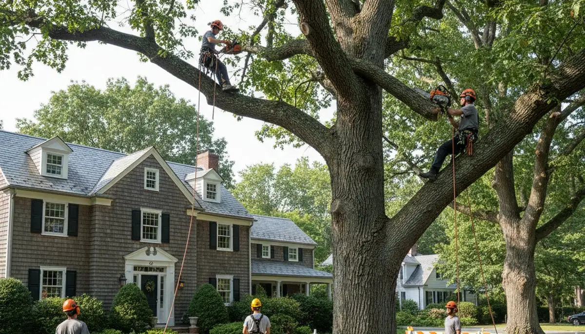 Tree service crew in Waltham, MA removing a tree for safe property protection