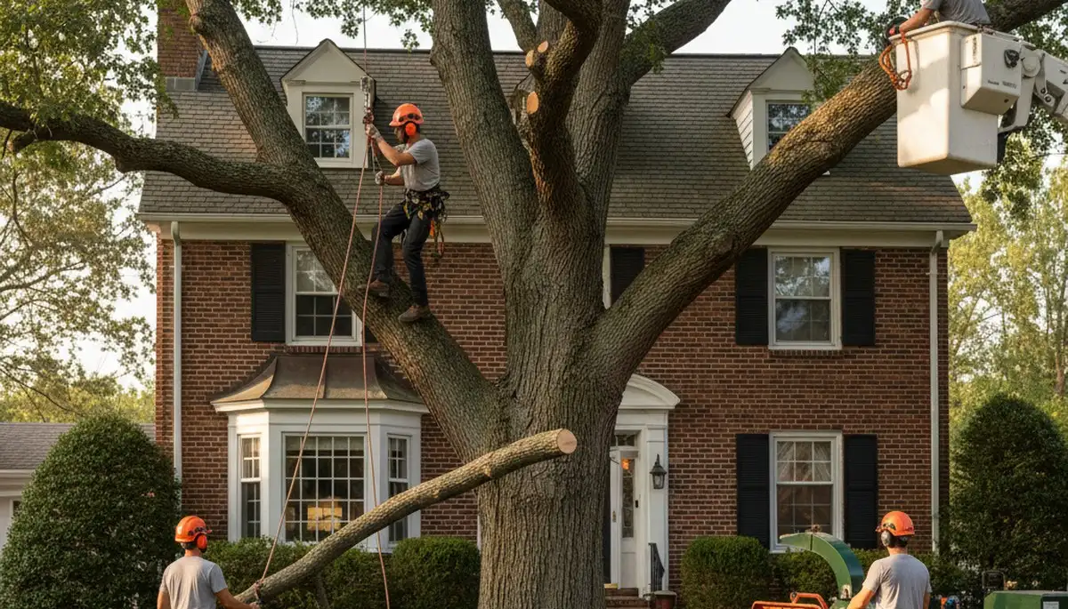 Tree service crew in Waltham, MA providing professional tree removal for a local property