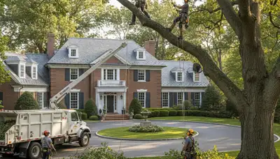Tree service crew in Waltham, MA handling safe tree removal for a local property