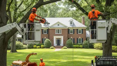 Tree service crew in Waltham, MA removing a tree for a residential property