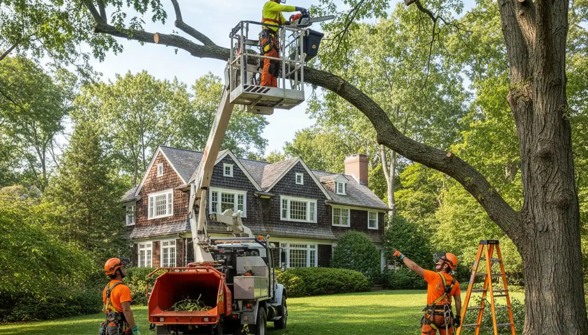 Tree service crew in Waltham, MA removing a tree for safe residential property care