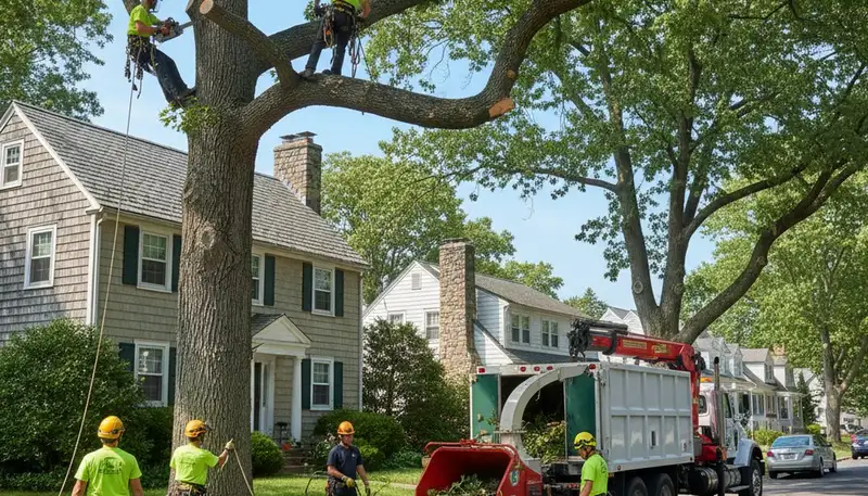 Tree service crew in Waltham, MA removing a tree for safe residential property maintenance