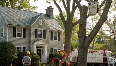 Tree service crew in Waltham, MA removing a tree for safe, professional property care