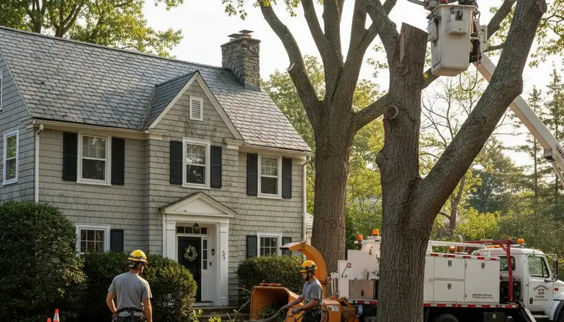 Tree service crew in Waltham, MA removing a tree for safe, professional property care