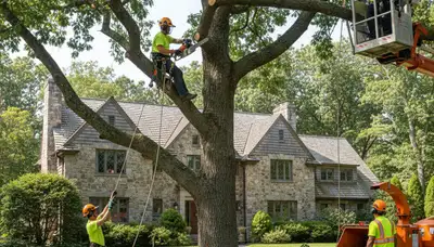 Tree service crew in Waltham, MA trimming and removing a tree for safe property clearance