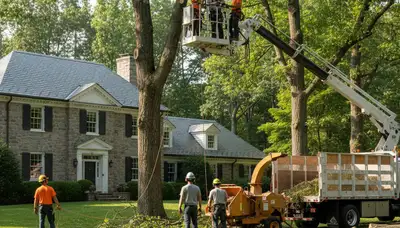 Tree service crew removing a tree in Waltham, MA for safe property clearance