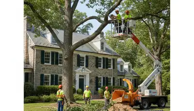 Tree service crew in Waltham, MA handling safe tree removal for a local property