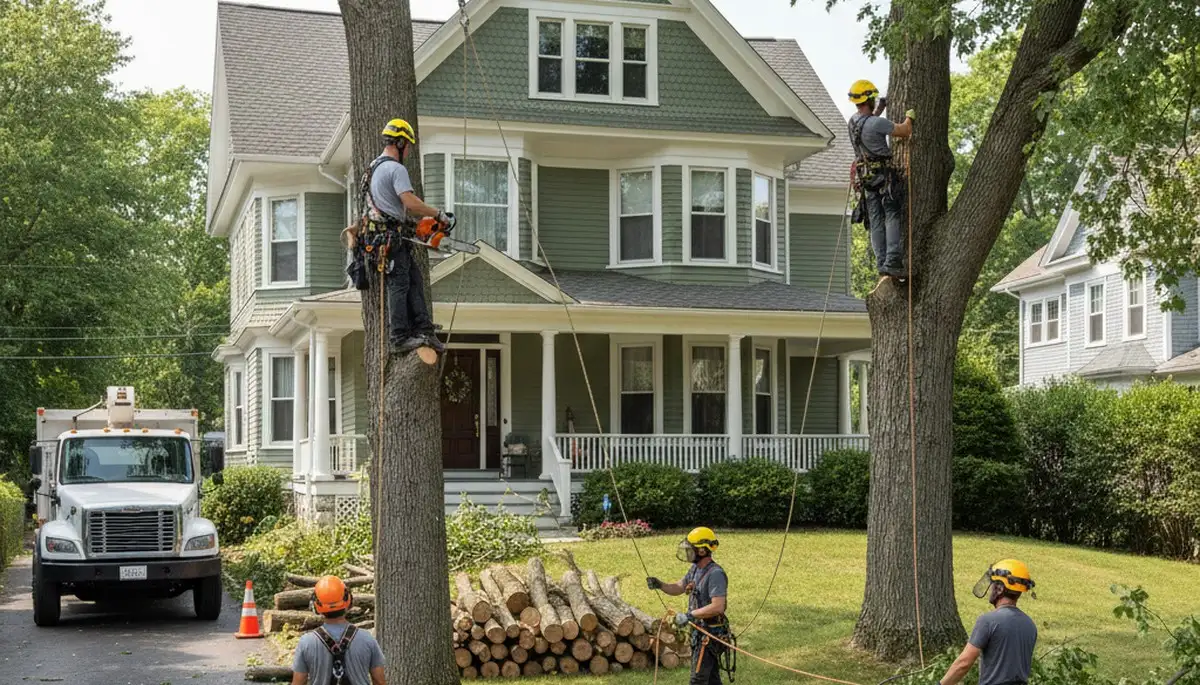 Tree service crew in Waltham, MA trimming and removing a tree for safe property clearance